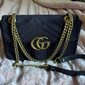 Black Quilted Shoulder Bag Velvet Gold/Brass Chain- Logo Accents Lined PERFECT